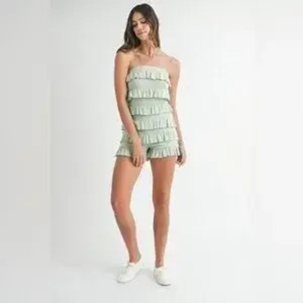 MABLE Pointelle Knit Fabric Ruffled Tube Romper - Picture 8 of 10